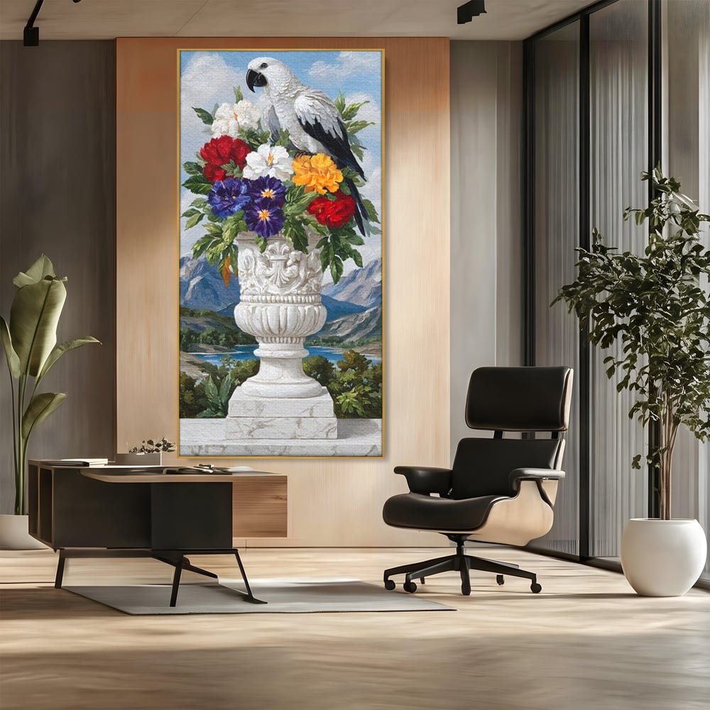 Tablou canvas cu tablou canvas cu papagal si vaza cu flori, in rama de aluminiu auriu, pe perete intr-un birou